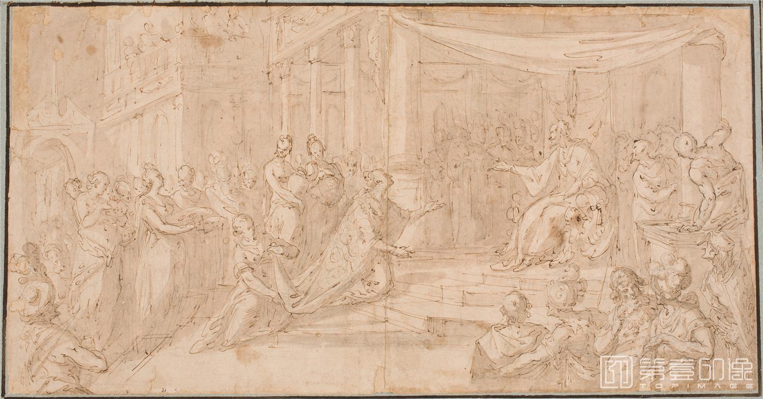 素描-西班牙普拉多美术馆素描藏画-Rovere, Giovanni Battista della-Salomon recibe a la reina de Saba-1693